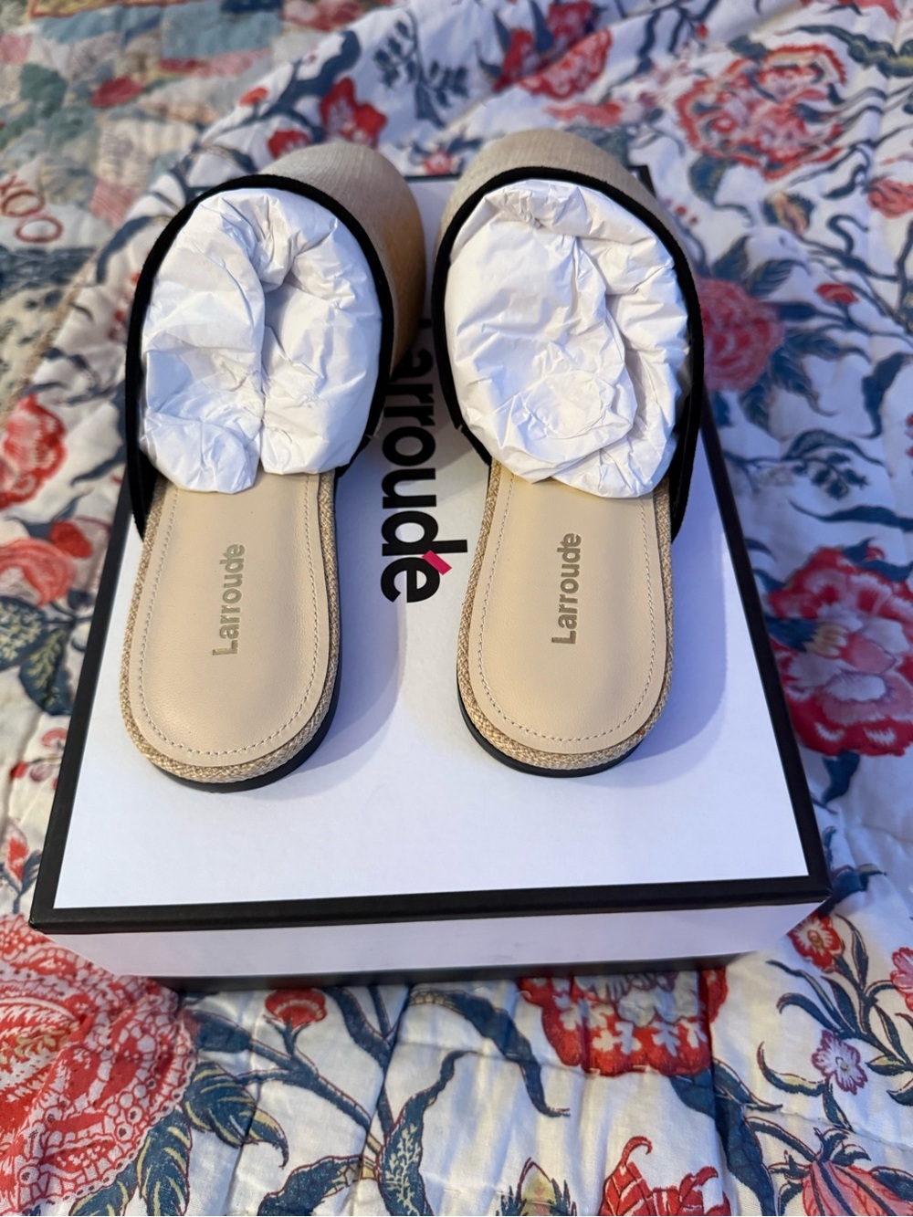 Larroude Natural Beige Slip-On Loafers with Black Trim - Picture 5 of 7